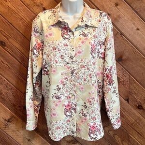 NEW Lemon Grass Floral Button Down Long Sleeve Blouse Pink Tan White  Large Top